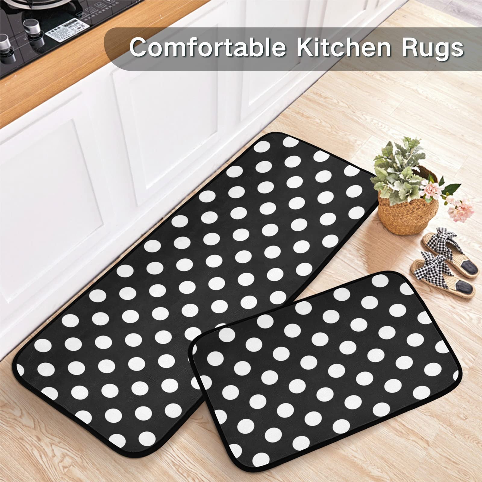 CaTaKu Kitchen Area Rug 2 Piece Set Polka Dot Black and White Polyester Non-Slip Floor Rug Runner Washable Carpet Mat Comfort Standing Mat for Kitchen Home Decorative