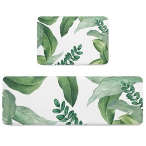 possta decor kitchen mats 2 piece non slip area runner rug set, super soft comfort standing mat watercolor green banana leaf floor doormat washable carpet summer tropical plants