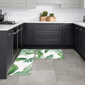 Possta Decor Kitchen Mats 2 Piece Non Slip Area Runner Rug Set, Super Soft Comfort Standing Mat Watercolor Green Banana Leaf Floor Doormat Washable Carpet Summer Tropical Plants