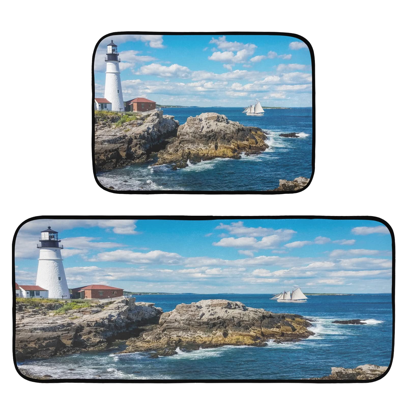 xigua 2 Pieces Cape Elizabeth Lighthouse Kitchen Rugs and Mats Set Absorbent Soft Microfiber Bath Mat Non-Slip Doormat Laundry Runner Set, 19.7"x47.2"+19.7"x27.6"