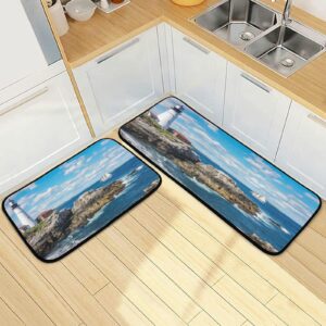 xigua 2 Pieces Cape Elizabeth Lighthouse Kitchen Rugs and Mats Set Absorbent Soft Microfiber Bath Mat Non-Slip Doormat Laundry Runner Set, 19.7"x47.2"+19.7"x27.6"