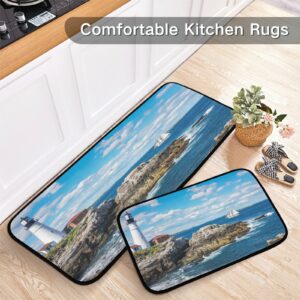 xigua 2 Pieces Cape Elizabeth Lighthouse Kitchen Rugs and Mats Set Absorbent Soft Microfiber Bath Mat Non-Slip Doormat Laundry Runner Set, 19.7"x47.2"+19.7"x27.6"