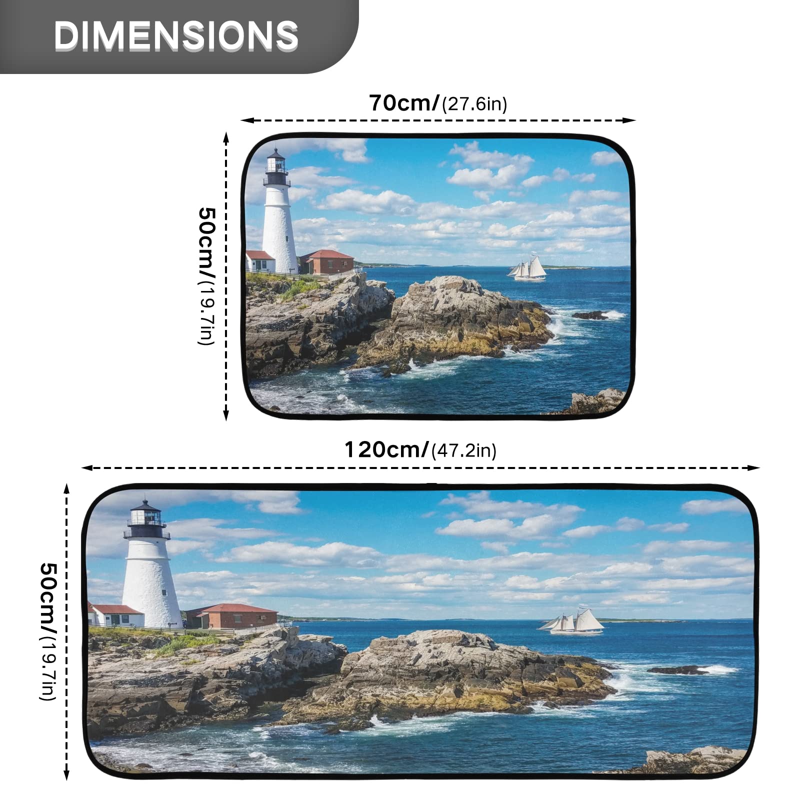 xigua 2 Pieces Cape Elizabeth Lighthouse Kitchen Rugs and Mats Set Absorbent Soft Microfiber Bath Mat Non-Slip Doormat Laundry Runner Set, 19.7"x47.2"+19.7"x27.6"