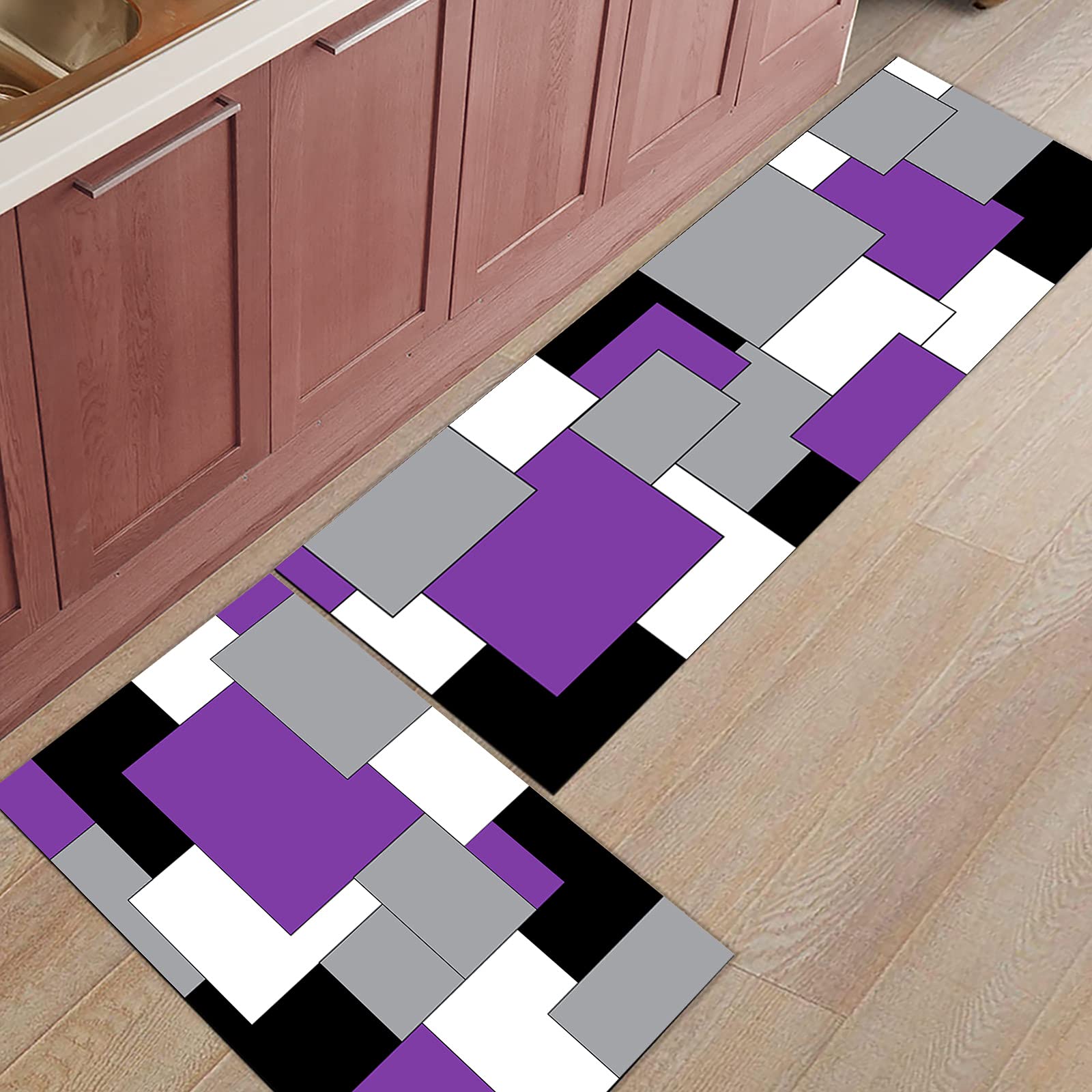 Purple Kitchen Rugs and Mats Set of 2 Black and Grey Abstract Mid Century Modern Kitchen Sink Mat,Non-Slip Area Runner Rug,Washable Floor Mat for Home Dining Room Office 15.7"x23.6"+15.7"x47.2"