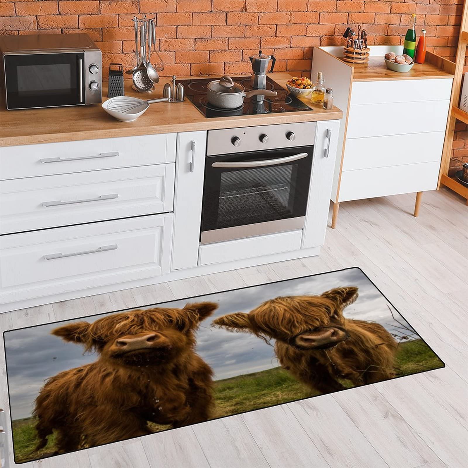 TsyTma Cute Wild Highland Cows Kitchen Rugs Floor Mats Washable Non-Slip Bathroom Rug Runner Kitchen mats for Floor Laundry Room Mat Western Kitchen Decor 39x20 Inch