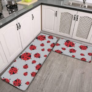 youtary cute red ladybug cartoon pattern kitchen rug set 2 pcs floor mats washable non-slip soft flannel runner rug doormat carpet for floor home bathroom, 17" x 47"+17" x 24"-m