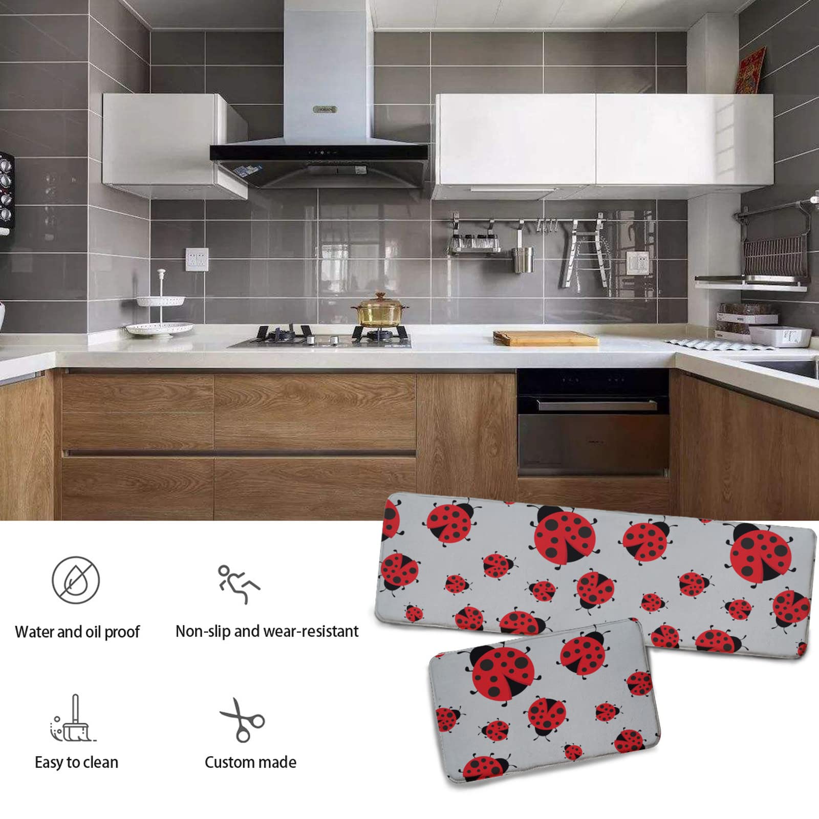 YouTary Cute Red Ladybug Cartoon Pattern Kitchen Rug Set 2 PCS Floor Mats Washable Non-Slip Soft Flannel Runner Rug Doormat Carpet for Floor Home Bathroom, 17" x 47"+17" x 24"-M