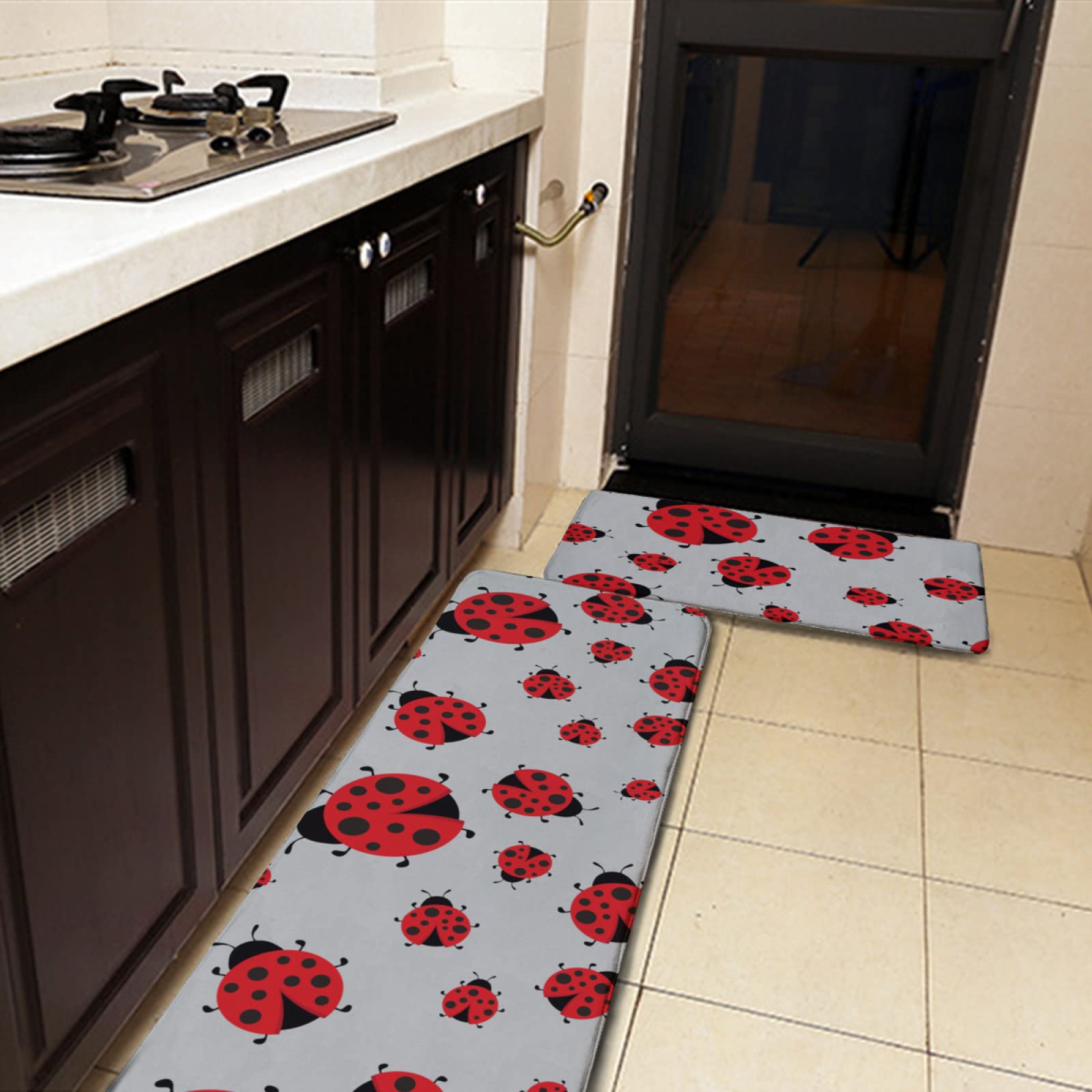YouTary Cute Red Ladybug Cartoon Pattern Kitchen Rug Set 2 PCS Floor Mats Washable Non-Slip Soft Flannel Runner Rug Doormat Carpet for Floor Home Bathroom, 17" x 47"+17" x 24"-M