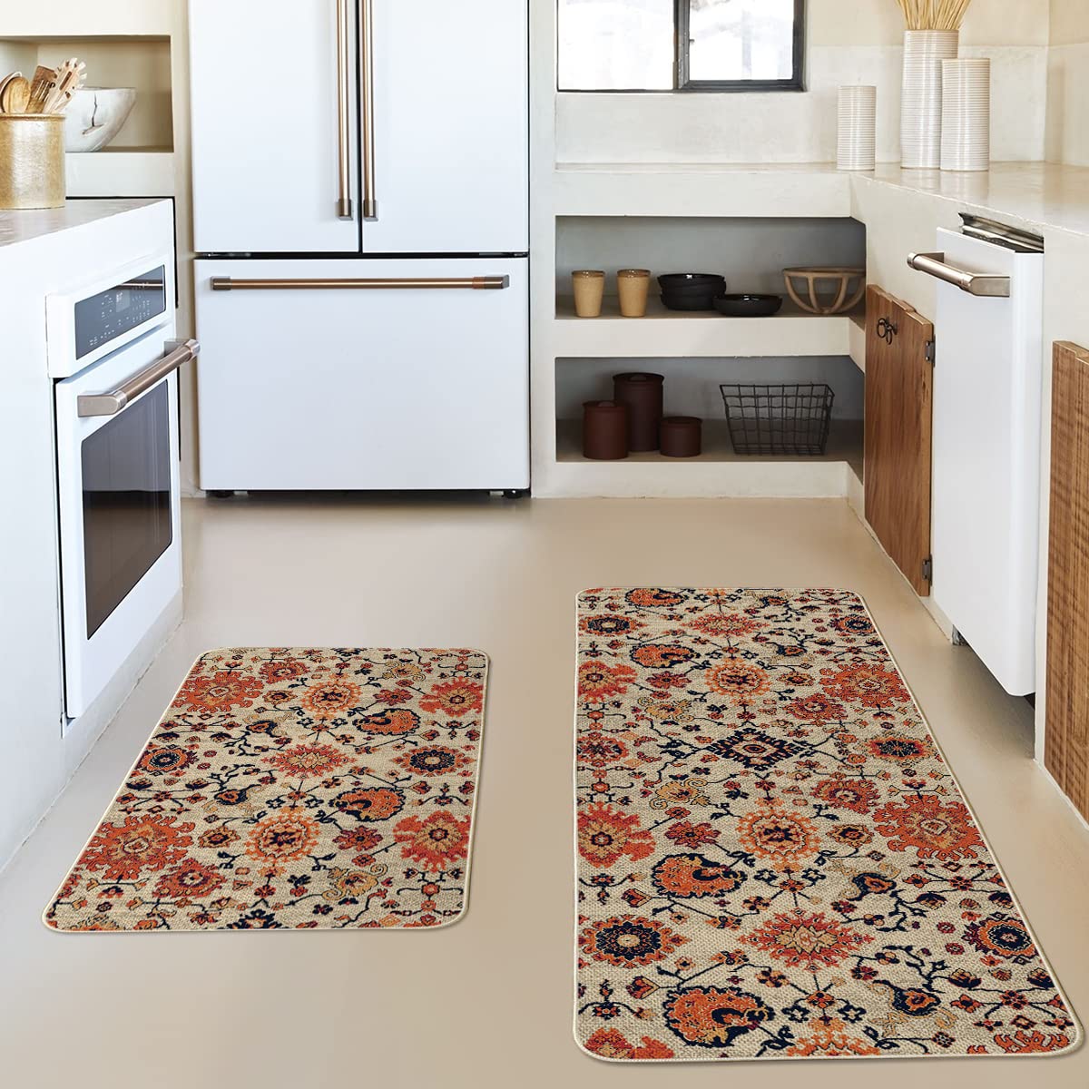 Artoid Mode Flowers Bohemia Kitchen Mats Set of 2, Daily Boho Home Decor Low-Profile Kitchen Rugs for Floor - 17x29 and 17x47 Inch