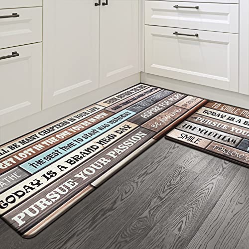 Sunlit Set of 2 Anti Fatigue Kitchen Floor Mat(Size 28"x17"&47"x17"), Non Slip Waterproof Comfort Standing Mat, Thick Cushioned Anti Fatigue Kitchen Rug Runner, Brown Motivational Inspirational Quotes