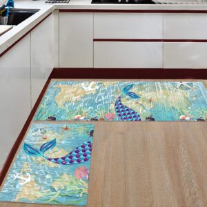 Z&L Home Anti Fatigue Kitchen Rug Sets 2 Piece Floor Mats Non-Slip Rubber Backing Area Runners Nautical Map Doormat Mermaid Tail Indoor Washable Carpet Door Mat Pad