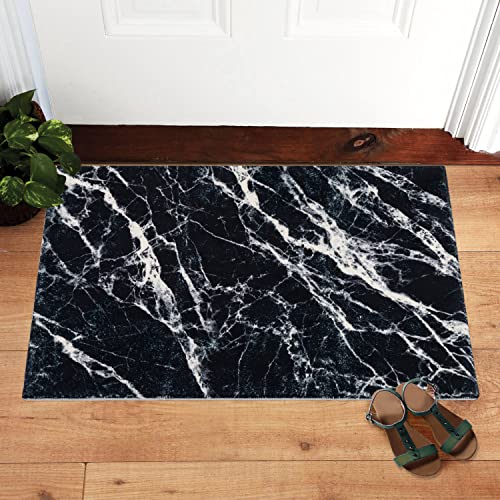 Carvapet Non-Slip Small Area Rug Ultra Soft Super Cozy Velvet Accent Throw Rug Runner Marble Design Modern Home Decor Rugs and Mats for Entryway Kitchen Laundry Bathroom, Black & White, 20"x32"