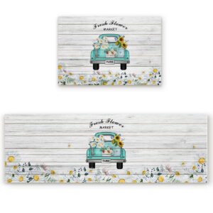 daisy sunflowers absorbent kitchen rugs and mats blue truck sunflower daisy vintage wood grain kitchen floor mats for in front of sink,kitchen area rugs non skid washable 15.7x23.6inch+15.7x47.2inch
