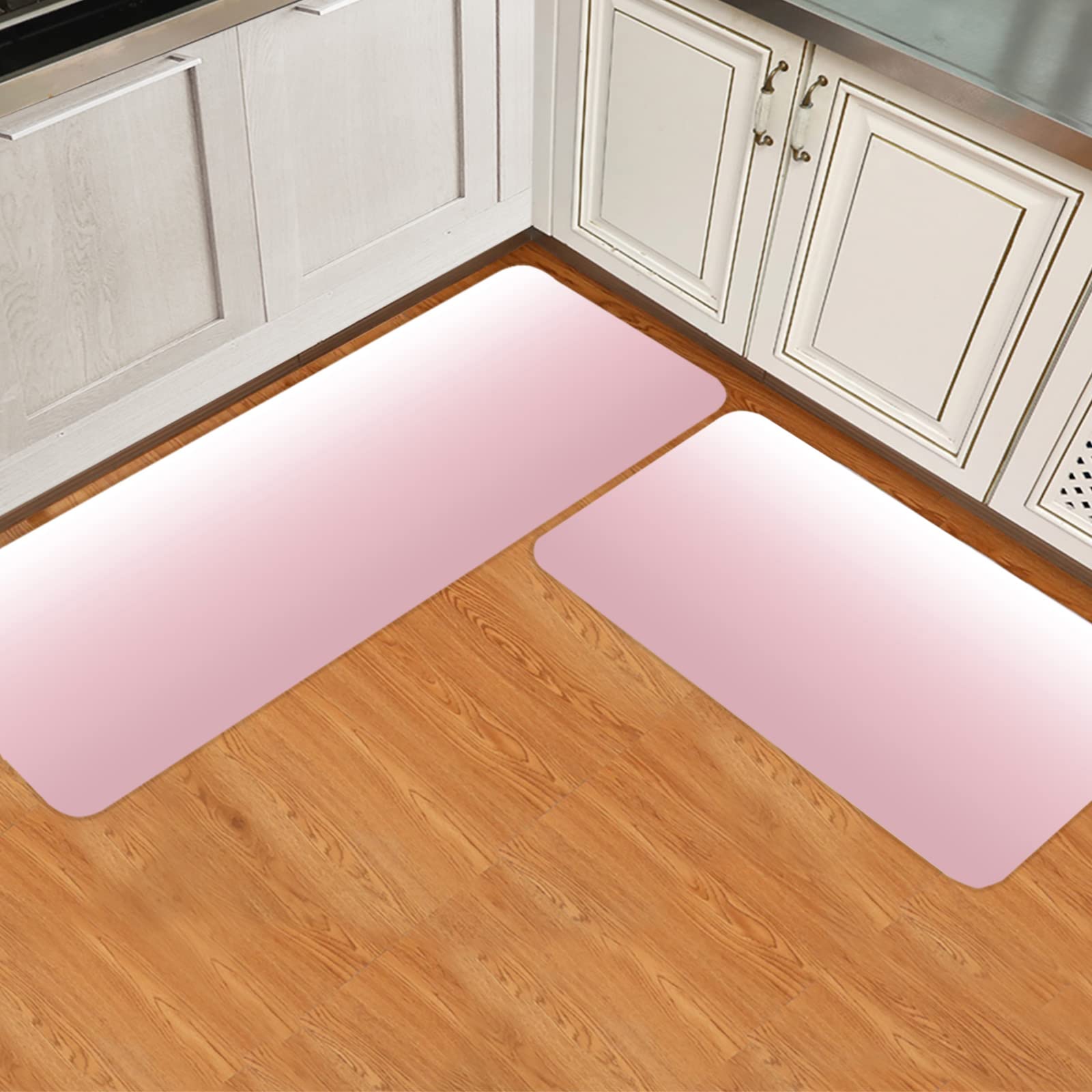 Ombre Kitchen Mats 2 Pieces Non Slip Runner Rug Set Pink and White Gradient Color Print Kitchen Rugs Washable Comfort Standing Floor Mat for Kitchen, Sink, Office, 15.7"x23.6"+15.7"x47.2"