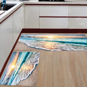 kitchen mat set 2 piece non slip soft rubber back doormat,washable floor mat living room carpet runner rug set- tropical sand beach sea waves sunrise seaside scene (19.7" x 31.5"+19.7" x 47.2")