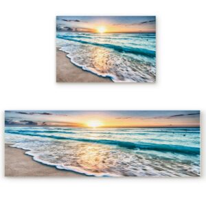 Kitchen Mat Set 2 Piece Non Slip Soft Rubber Back Doormat,Washable Floor Mat Living Room Carpet Runner Rug Set- Tropical Sand Beach Sea Waves Sunrise Seaside Scene (19.7" x 31.5"+19.7" x 47.2")