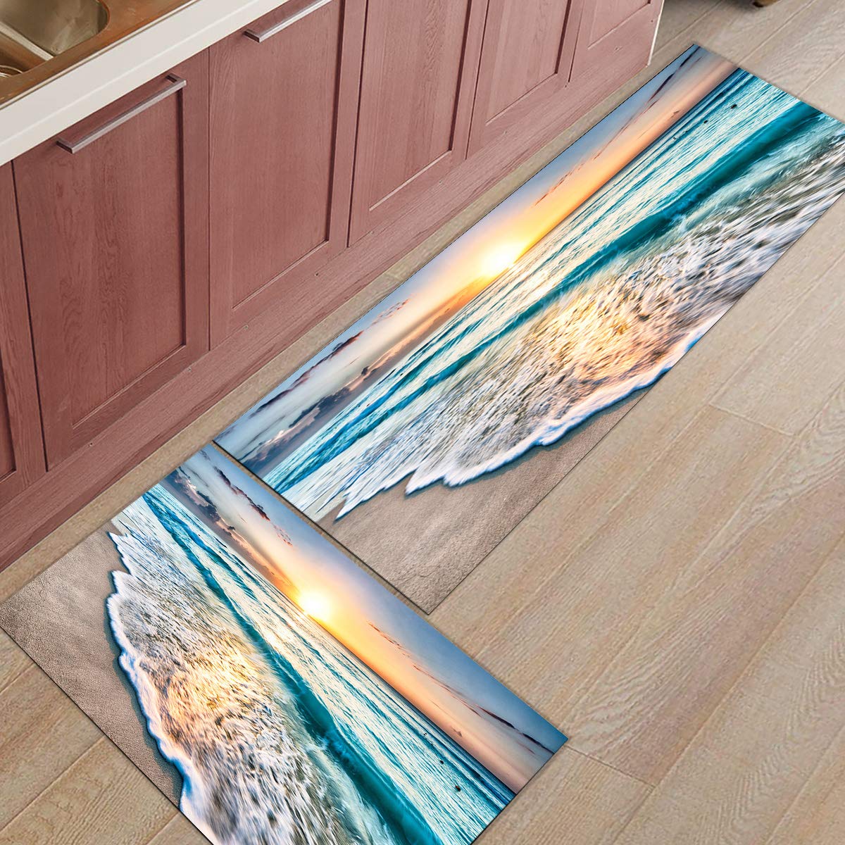 Kitchen Mat Set 2 Piece Non Slip Soft Rubber Back Doormat,Washable Floor Mat Living Room Carpet Runner Rug Set- Tropical Sand Beach Sea Waves Sunrise Seaside Scene (19.7" x 31.5"+19.7" x 47.2")