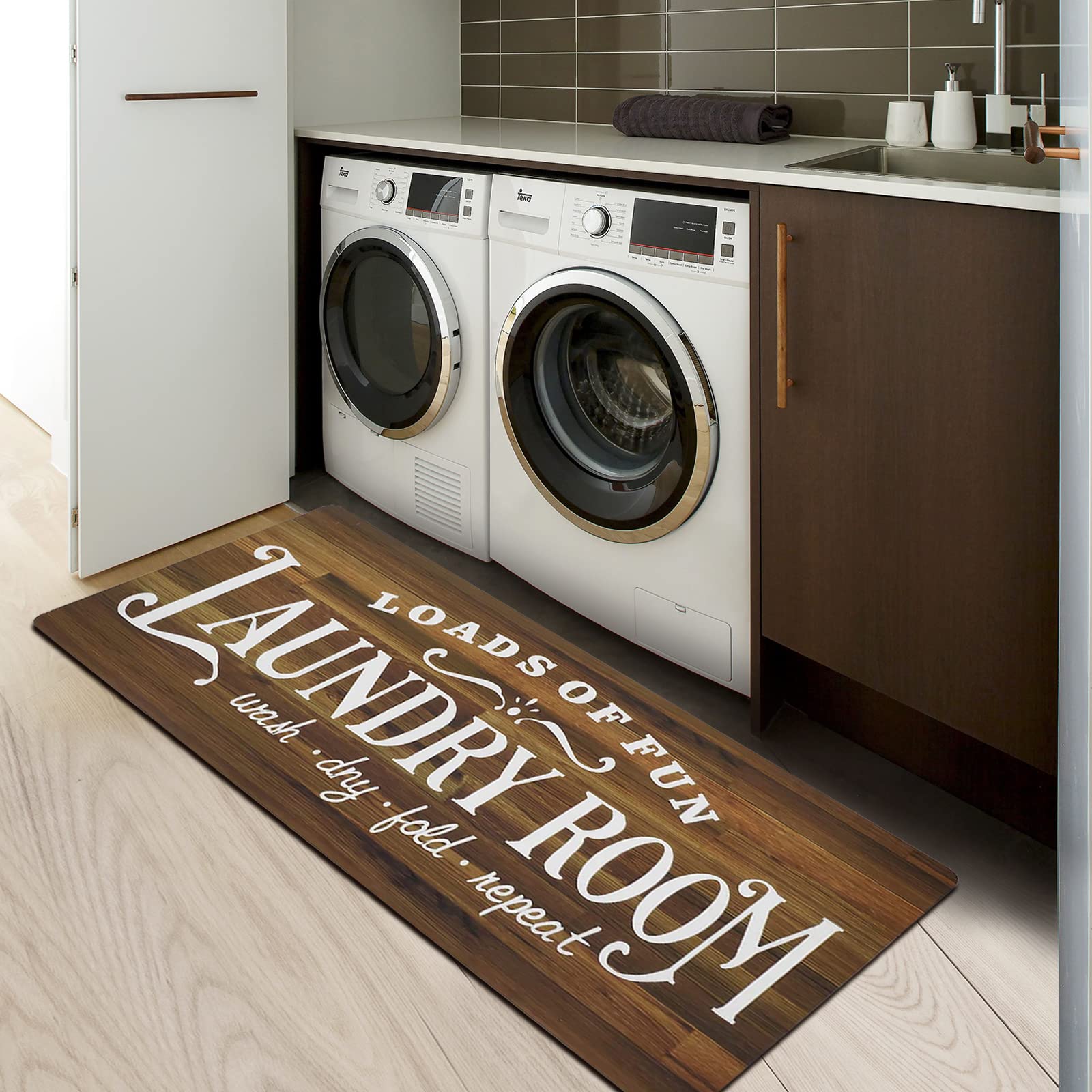 Farmhouse Laundry Room Rug Non Slip Vintage Wood Carpet for Laundry Room, Waterproof Kitchen Floor Mat Bathroom Entryway Area Rugs Decor Accessories (20''X48'' Wooden Plank)