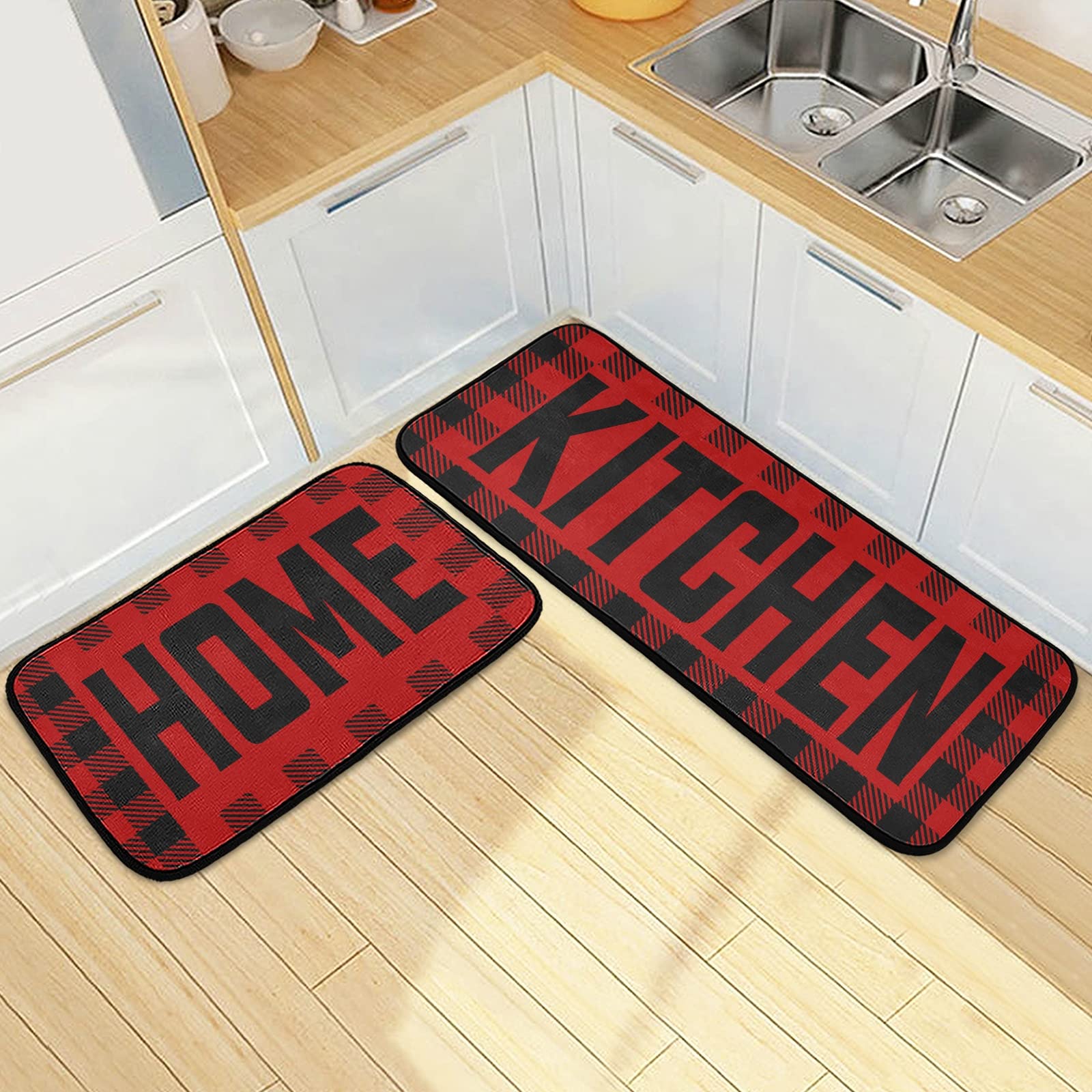 Buffalo Plaid Checked Black Red Kitchen Mat Set of 2 Anti-Fatigue Kitchen Rug Set Washable Non Slip Cushioned Foam Kitchen Runner Rugs and Mats Comfort Standing Mat for Floor Laundry Home Decor