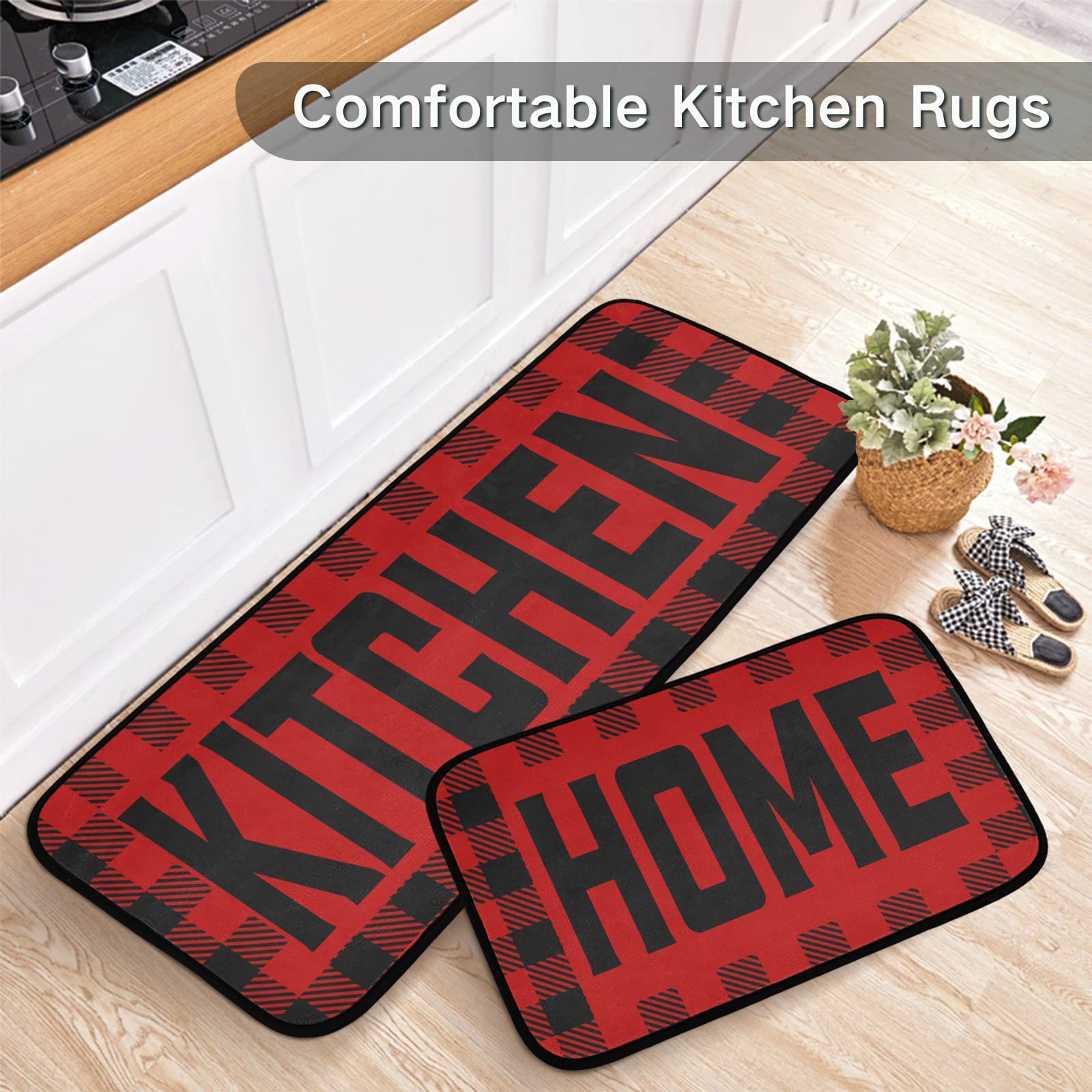 Buffalo Plaid Checked Black Red Kitchen Mat Set of 2 Anti-Fatigue Kitchen Rug Set Washable Non Slip Cushioned Foam Kitchen Runner Rugs and Mats Comfort Standing Mat for Floor Laundry Home Decor