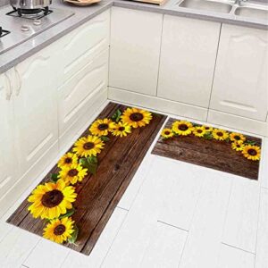 sdizdipk kitchen rugs washable,a bunch of sunflowers wood,non skid anti-fatigue floor mats for sink,2 pcs set (52''x17''+ 26''x17''), 52x17