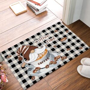 coffee gnomes indoor doormat bath rugs non slip, washable cover floor rug absorbent carpets floor mat home decor for kitchen bathroom bedroom fuuny dwarf on coffee cup buffalo check plaid 16x24in