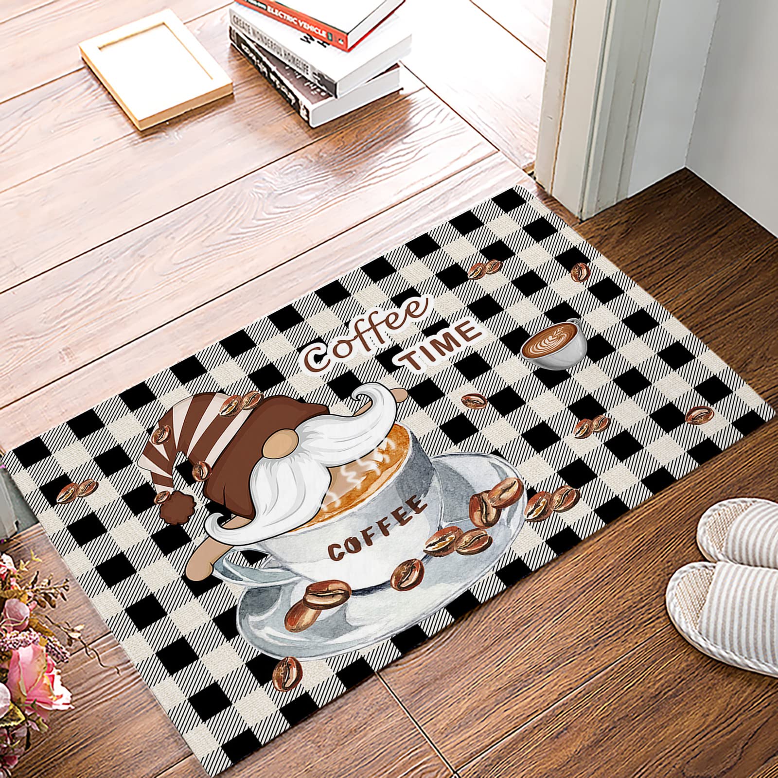 Coffee Gnomes Indoor Doormat Bath Rugs Non Slip, Washable Cover Floor Rug Absorbent Carpets Floor Mat Home Decor for Kitchen Bathroom Bedroom FUUNY Dwarf on Coffee Cup Buffalo Check Plaid 16x24in