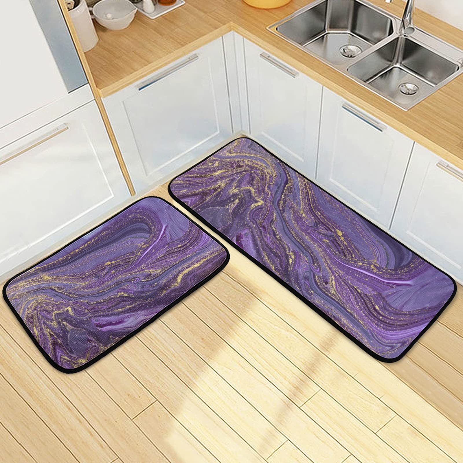 xigua 2 Piece Purple Marble Abstract Pattern Anti-Fatigue Kitchen Rug, Waterproof Non-Slip Kitchen Mats and Comfort Elastic Cotton interlayer Rug for Kitchen, Floor Home, Office, Sink, Laundry