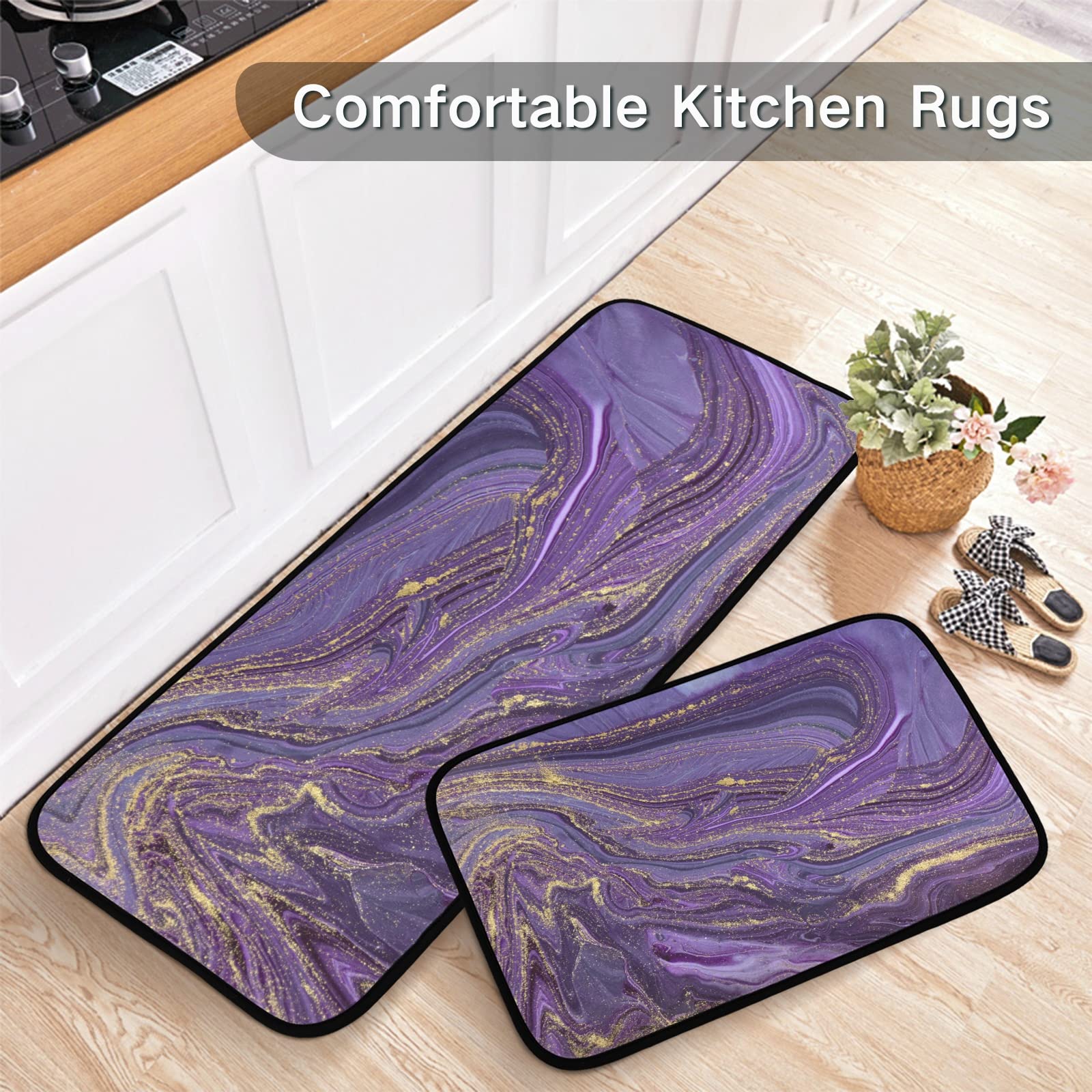 xigua 2 Piece Purple Marble Abstract Pattern Anti-Fatigue Kitchen Rug, Waterproof Non-Slip Kitchen Mats and Comfort Elastic Cotton interlayer Rug for Kitchen, Floor Home, Office, Sink, Laundry