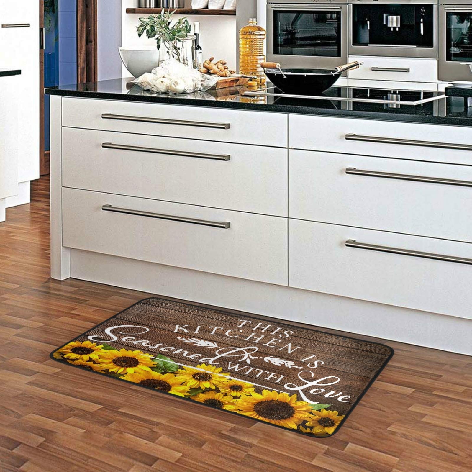 Kitchen Rug Autumn Sunflowers Wooden Seasoned with Love 39 x 20 Inch Non-Slip Anti Fatigue Comfort Entryway Door Mats Perfect Carpet for Home Decor