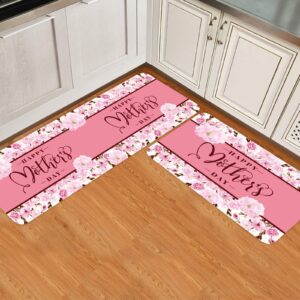 kithome happy mother's day kitchen mats sets 2 piece, mother's day spring pink floral blossom kitchen rug non-slip washable runner carpets for mother's day decorations, 15.7" x 23.6" + 15.7" x 47.2"