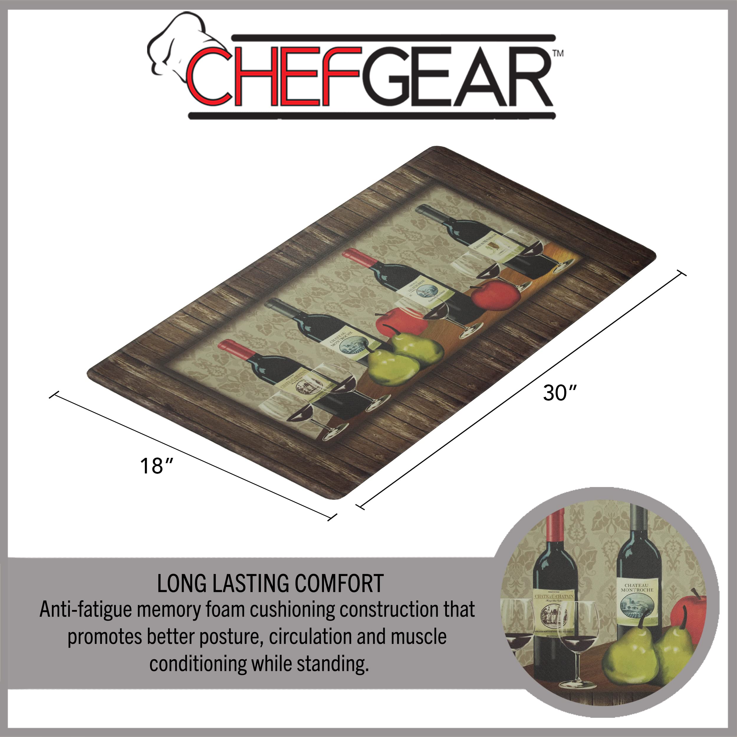 Chef Gear - Anti-Fatigue Kitchen Mat, Novelty Design, Cushioned Comfort Chef Mat, Standing Relief & Support| Skid-Resistant, Measures 18" x 30", Sophisticated Wine Design