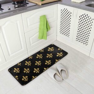 zzaeo golden fleur-de-lis floral black kitchen floor mat anti-slip area rug absorbent soft comfort standing mat home decor - 39 x 20 inch