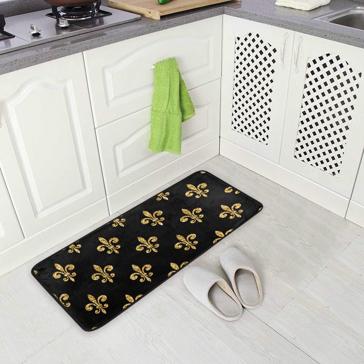 ZZAEO Golden Fleur-De-Lis Floral Black Kitchen Floor Mat Anti-Slip Area Rug Absorbent Soft Comfort Standing Mat Home Decor - 39 x 20 Inch