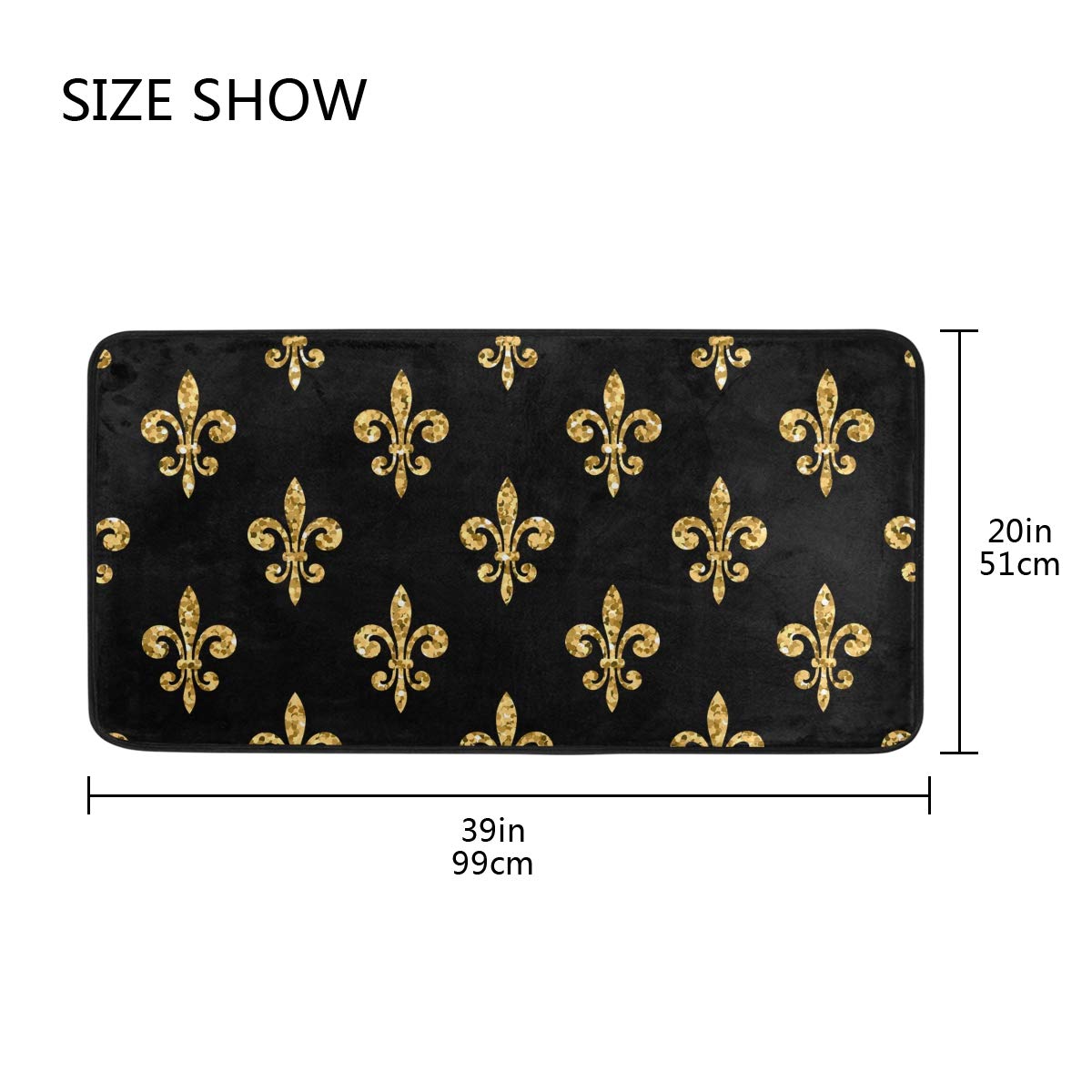 ZZAEO Golden Fleur-De-Lis Floral Black Kitchen Floor Mat Anti-Slip Area Rug Absorbent Soft Comfort Standing Mat Home Decor - 39 x 20 Inch