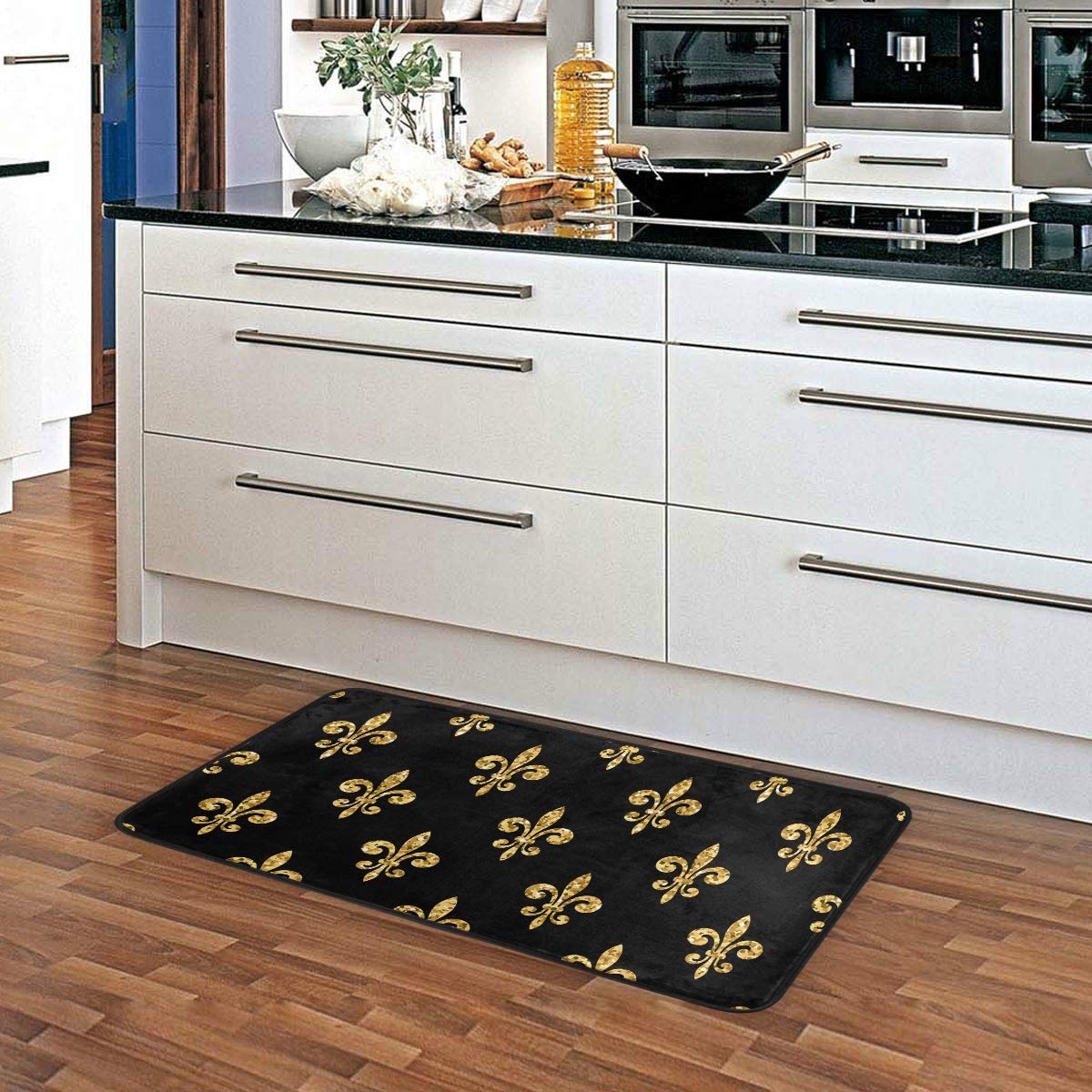 ZZAEO Golden Fleur-De-Lis Floral Black Kitchen Floor Mat Anti-Slip Area Rug Absorbent Soft Comfort Standing Mat Home Decor - 39 x 20 Inch