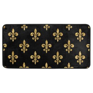 ZZAEO Golden Fleur-De-Lis Floral Black Kitchen Floor Mat Anti-Slip Area Rug Absorbent Soft Comfort Standing Mat Home Decor - 39 x 20 Inch