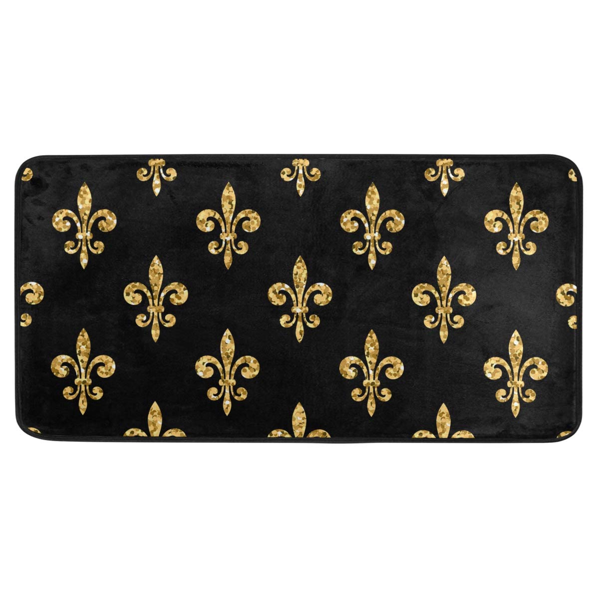 ZZAEO Golden Fleur-De-Lis Floral Black Kitchen Floor Mat Anti-Slip Area Rug Absorbent Soft Comfort Standing Mat Home Decor - 39 x 20 Inch