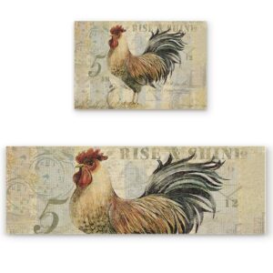 kitchen rugs sets 2 piece floor mats vintage rooster morning cock durable doormat non-slip rubber backing area rugs washable carpet inside door mat pad sets-15.7" x 23.6"+15.7" x 47.2"