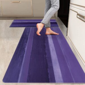 ryanza 2 pieces kitchen rugs, abstract anti fatigue non slip foam cushioned purple art painting comfort indoor floor mat runner rug set for laundry office sink bathroom (17"x48"+17"x24")