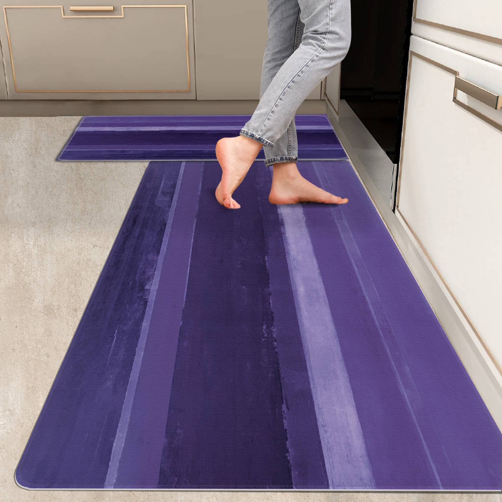 RYANZA 2 Pieces Kitchen Rugs, Abstract Anti Fatigue Non Slip Foam Cushioned Purple Art Painting Comfort Indoor Floor Mat Runner Rug Set for Laundry Office Sink Bathroom (17"x48"+17"x24")