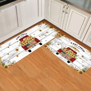 farm fresh sunflower on red truck anti fatigue kitchen rug set 2 pieces cushioned kitchen floor mats comfort soft standing doormat, non slip rugs and runner usa flag