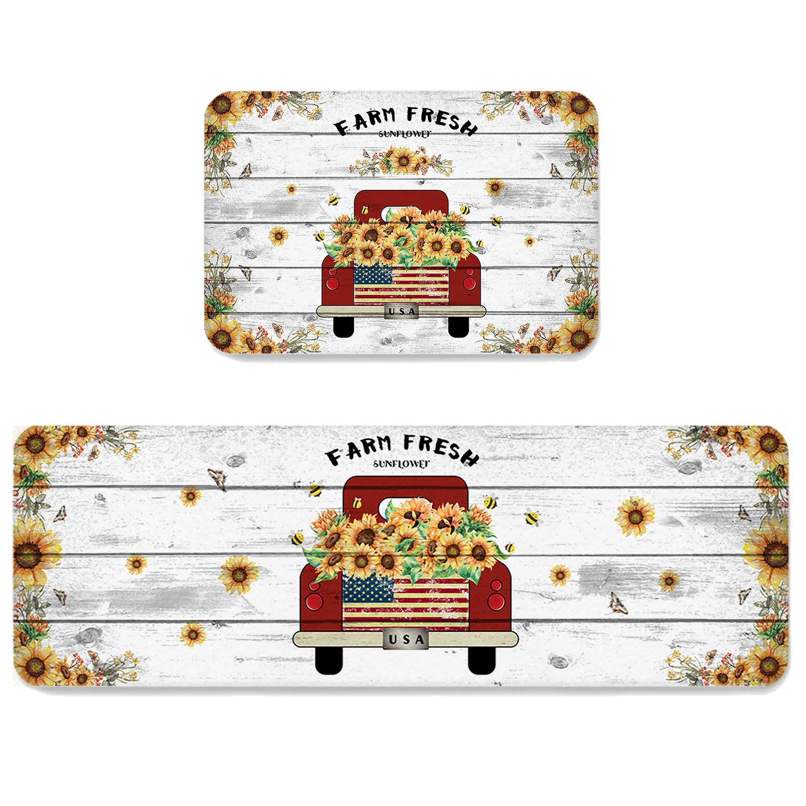Farm Fresh Sunflower on Red Truck Anti Fatigue Kitchen Rug Set 2 Pieces Cushioned Kitchen Floor Mats Comfort Soft Standing Doormat, Non Slip Rugs and Runner USA Flag