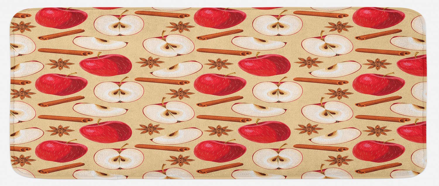 Ambesonne Apple Kitchen Mat, Quartered and Halved Apples with Cinnamon Sticks and Star Anise Diet Recipe, Plush Decorative Kitchen Mat with Non Slip Backing, 47" X 19", Beige Cinnamon Red