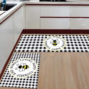 savannan kitchen rug 2 pcs set floor mat, bee black white checkered kind humble loving happy yourself non-slip soft absorbent runner mat doormat for doorway bathroom bedroom laundry