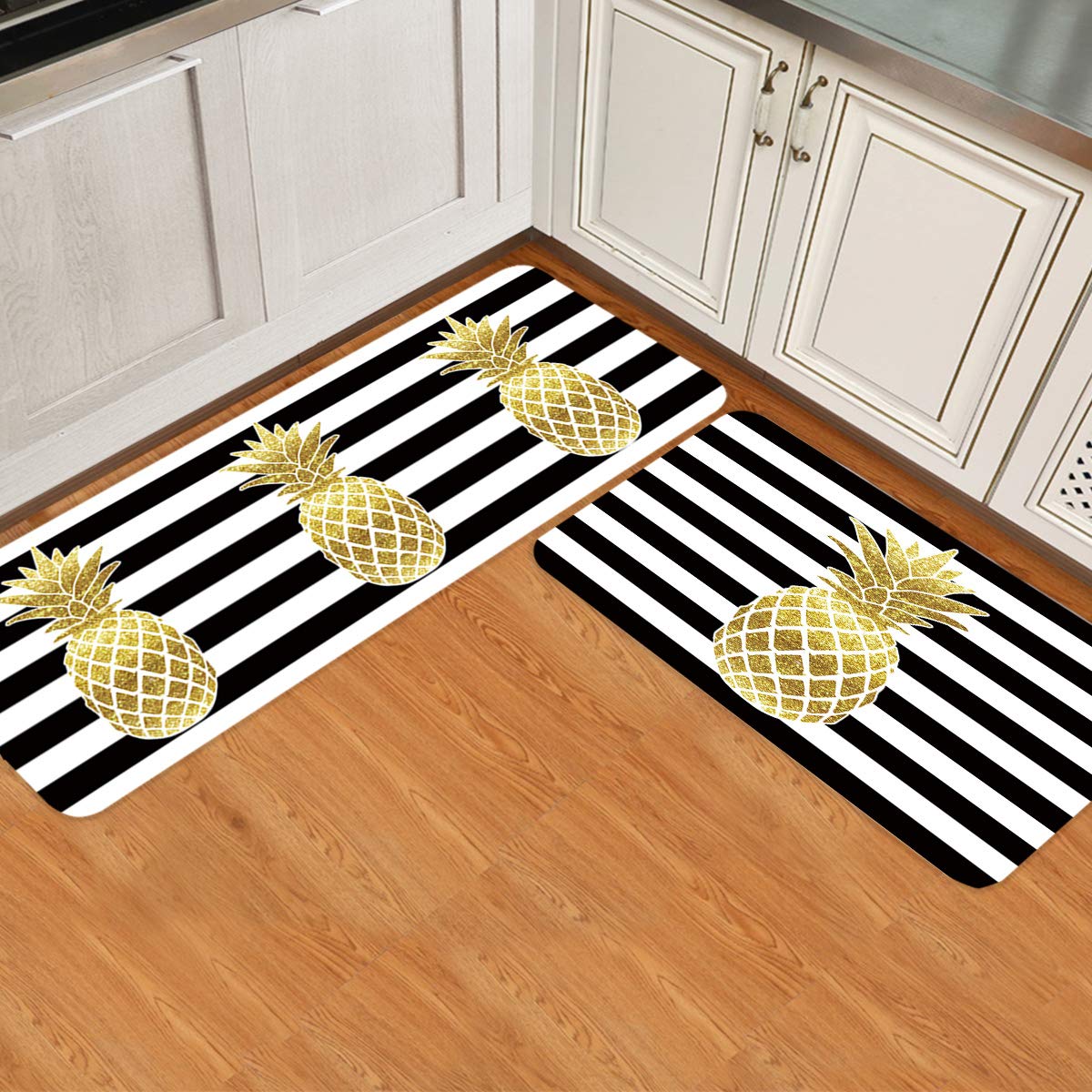 LooPoP Gold Pineapple Kitchen Mats for Floor Cushioned Anti Fatigue 2 Piece Set Kitchen Runner Rugs Non Skid Washable Black Striped 15.7x23.6+15.7x47.2