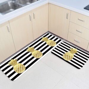 LooPoP Gold Pineapple Kitchen Mats for Floor Cushioned Anti Fatigue 2 Piece Set Kitchen Runner Rugs Non Skid Washable Black Striped 15.7x23.6+15.7x47.2