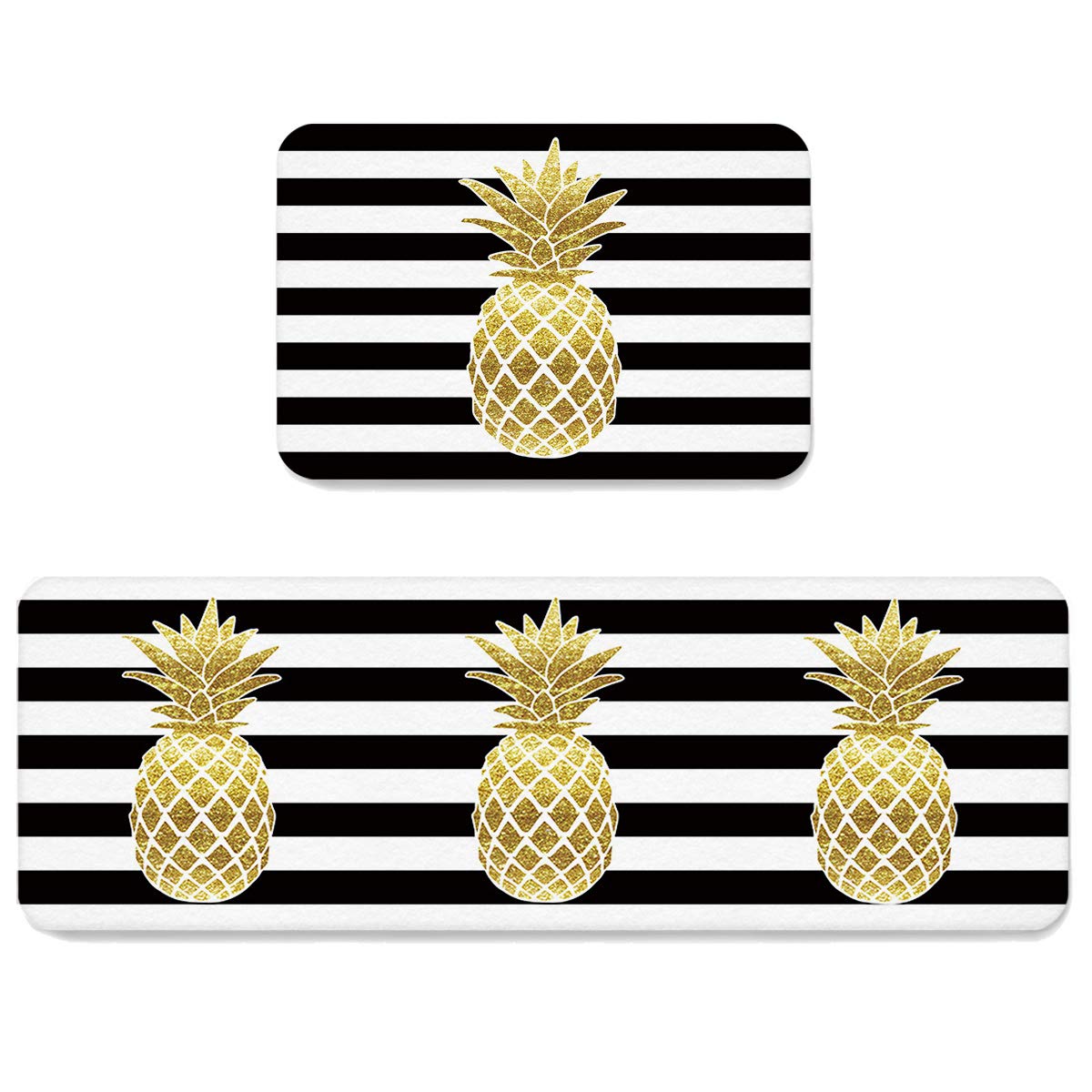 LooPoP Gold Pineapple Kitchen Mats for Floor Cushioned Anti Fatigue 2 Piece Set Kitchen Runner Rugs Non Skid Washable Black Striped 15.7x23.6+15.7x47.2