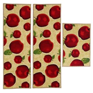 wolala home 3 piece sets rubber backing non-slip red apple kitchen rug and mats washable durably bath area rugs doormat thin