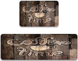 kitchen rugs sets 2 piece floor mats grunge lettering modern coffee time and coffee cup retro wood durable doormat farmhouse area rugs washable runner carpet set non slip vintage kitchen rug and mats